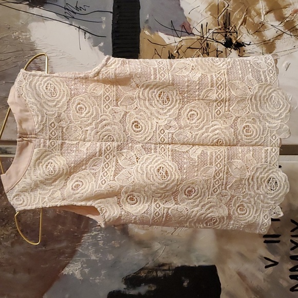 Cream Lace with Blush Pink Lining High Neck Lace Sleeveless Blouse Woman S - Picture 3 of 5